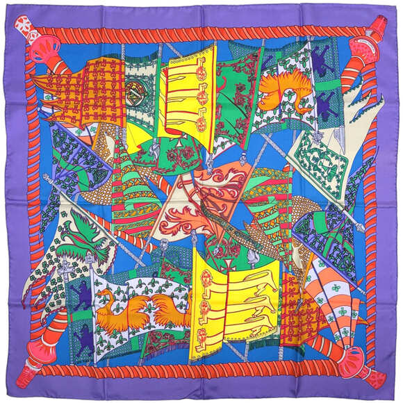 HERMES Accessories - Hermes Carre 90 Etendards et Bonnieres Scarf Muffler Flag Silk Purple Multico...